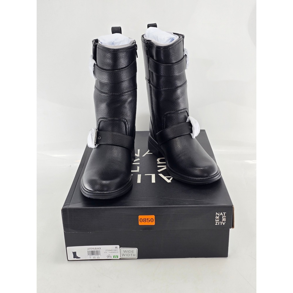 Naturalizer Latoya Boots Womens 9.5W Black Moto Buckle Zip Mid Calf - New